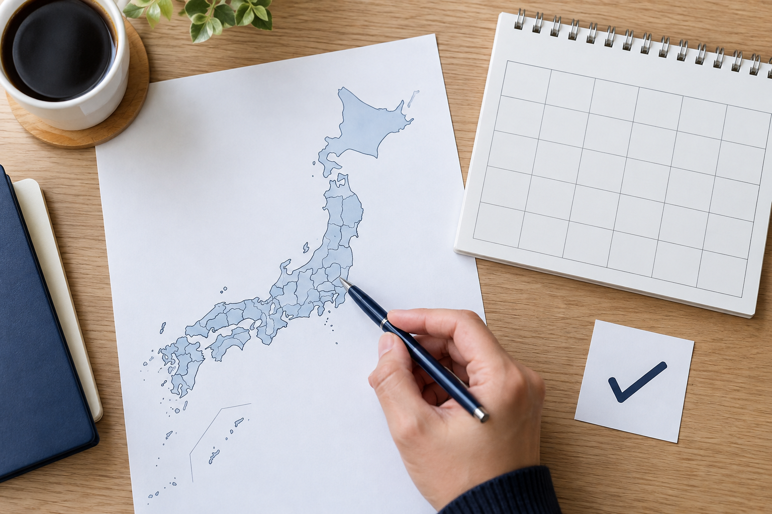 地図のそばで勤務先の都道府県と発効日をメモする手元