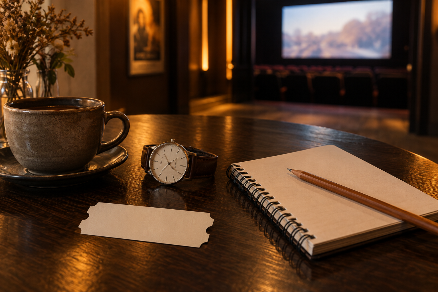 映画を観る時間を決めるためにチケットと腕時計を机に置いた場面