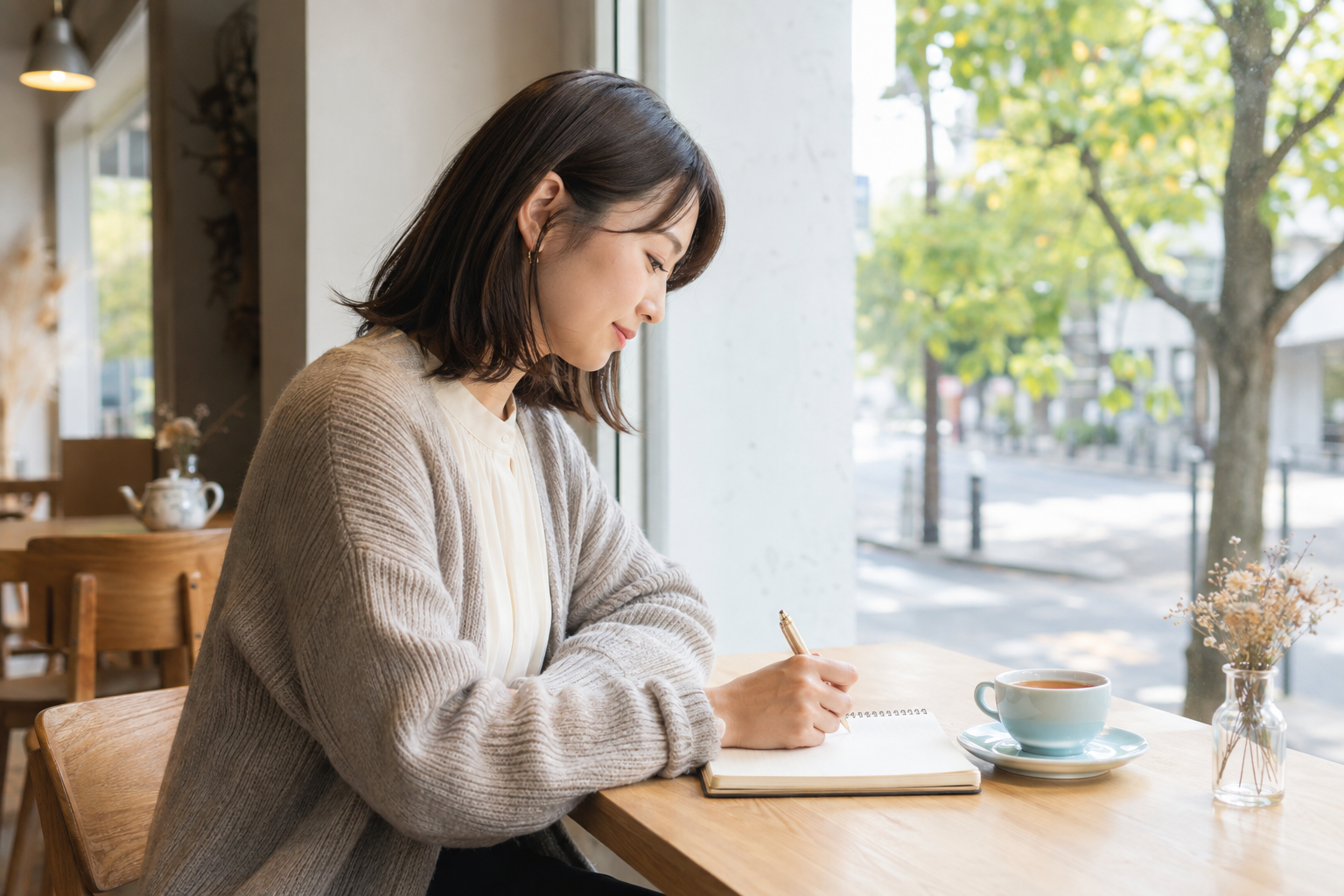 カフェの窓辺で午後のおでかけ計画をノートに書く女性