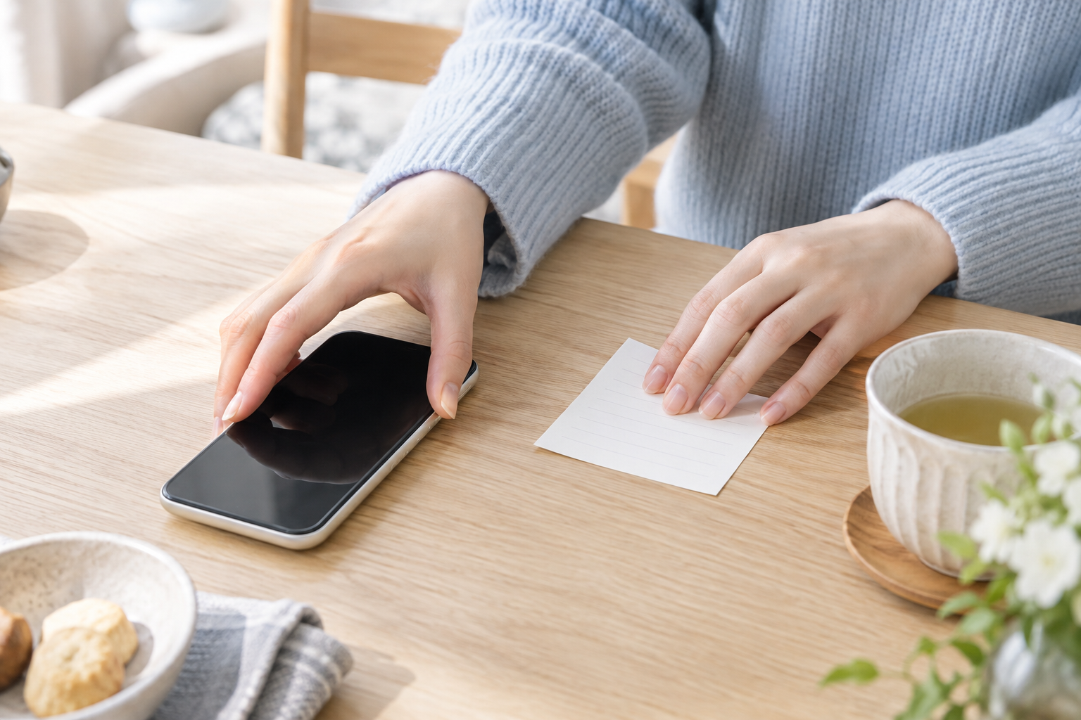 電話の前に短いメッセージを送るスマートフォンと手元