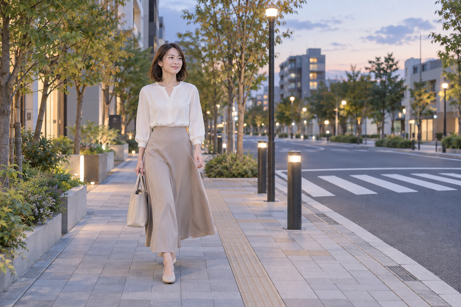見通しのよい歩道を周囲を見ながら歩く女性