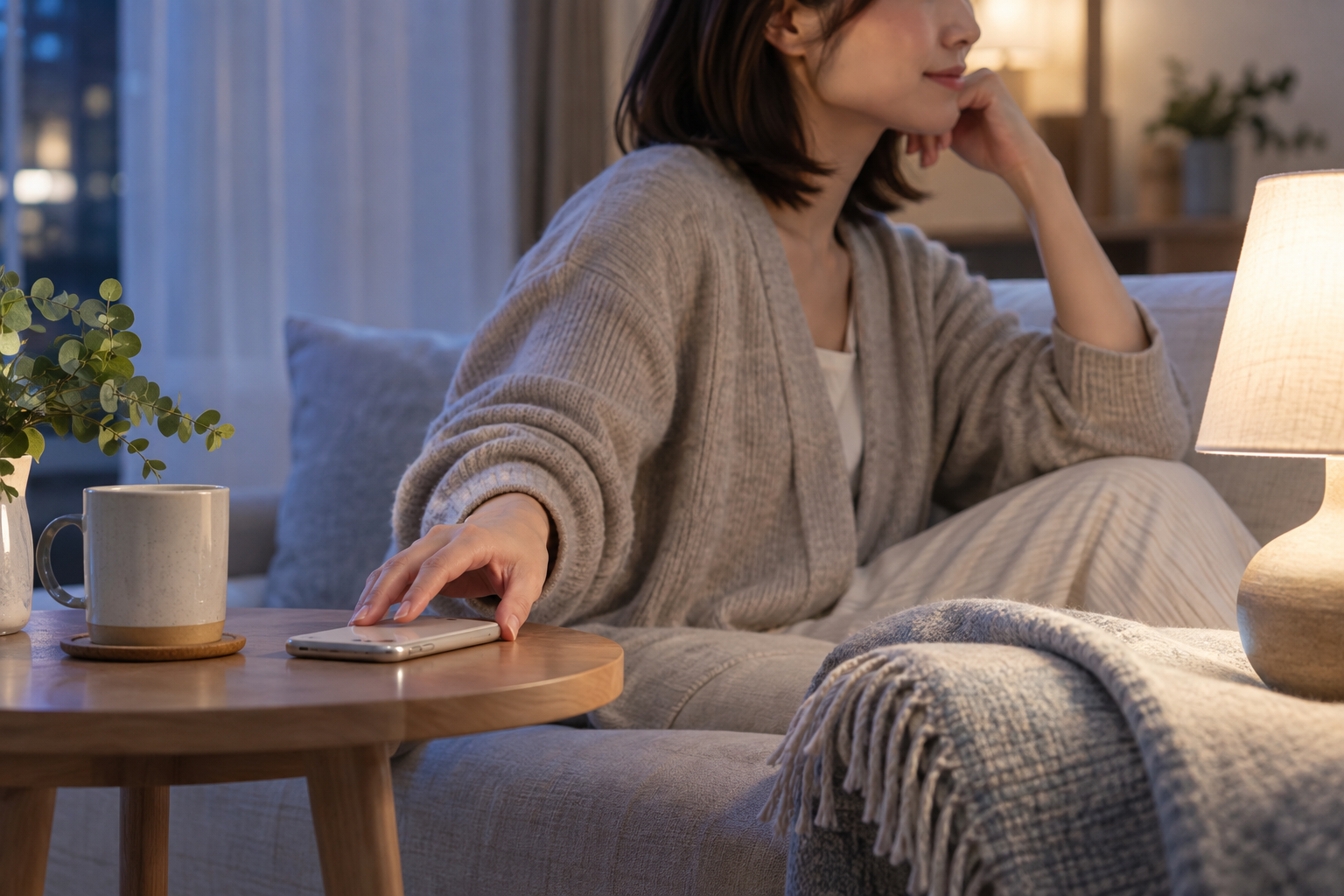 ソファ脇のテーブルにスマートフォンを伏せて置く女性の手元