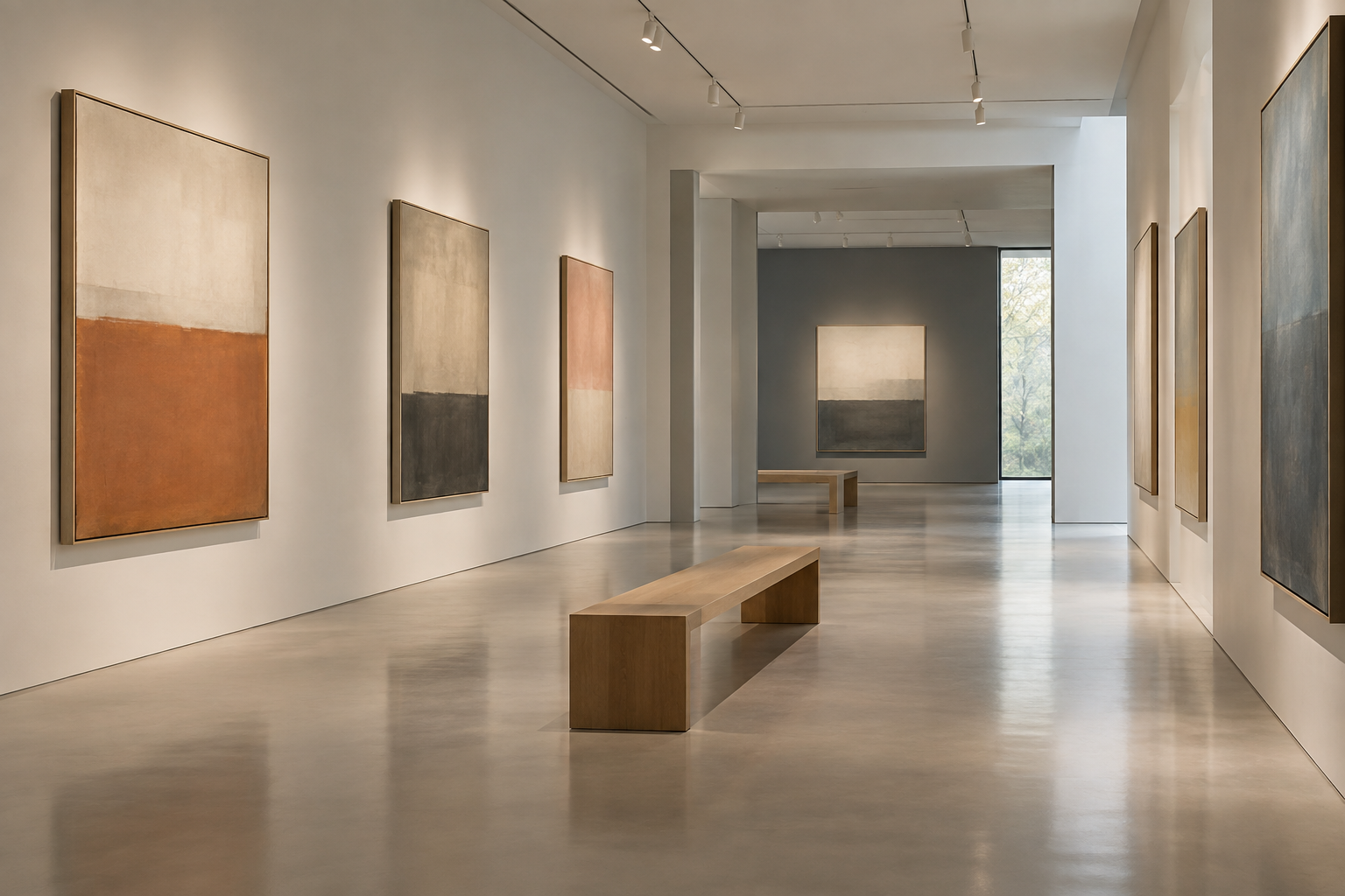ベンチが置かれた静かな現代美術館の展示空間