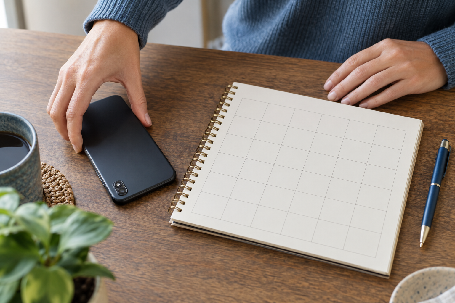 予定表とスマートフォンを見ながら返信時間を決める手元
