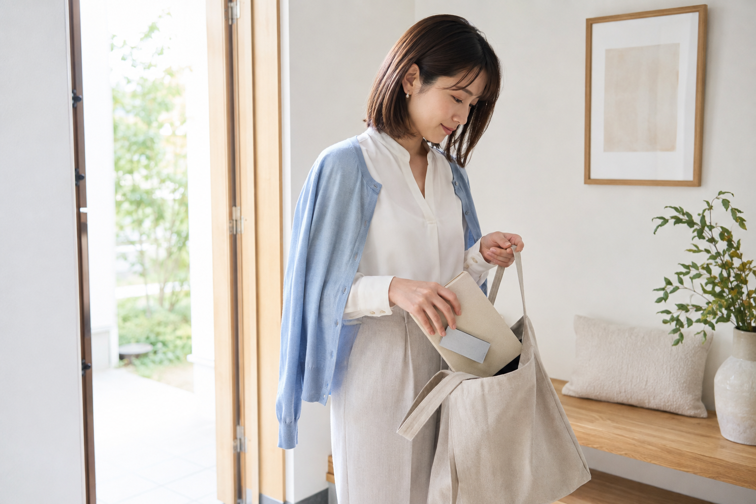 外出前にトートバッグへ本を入れる女性