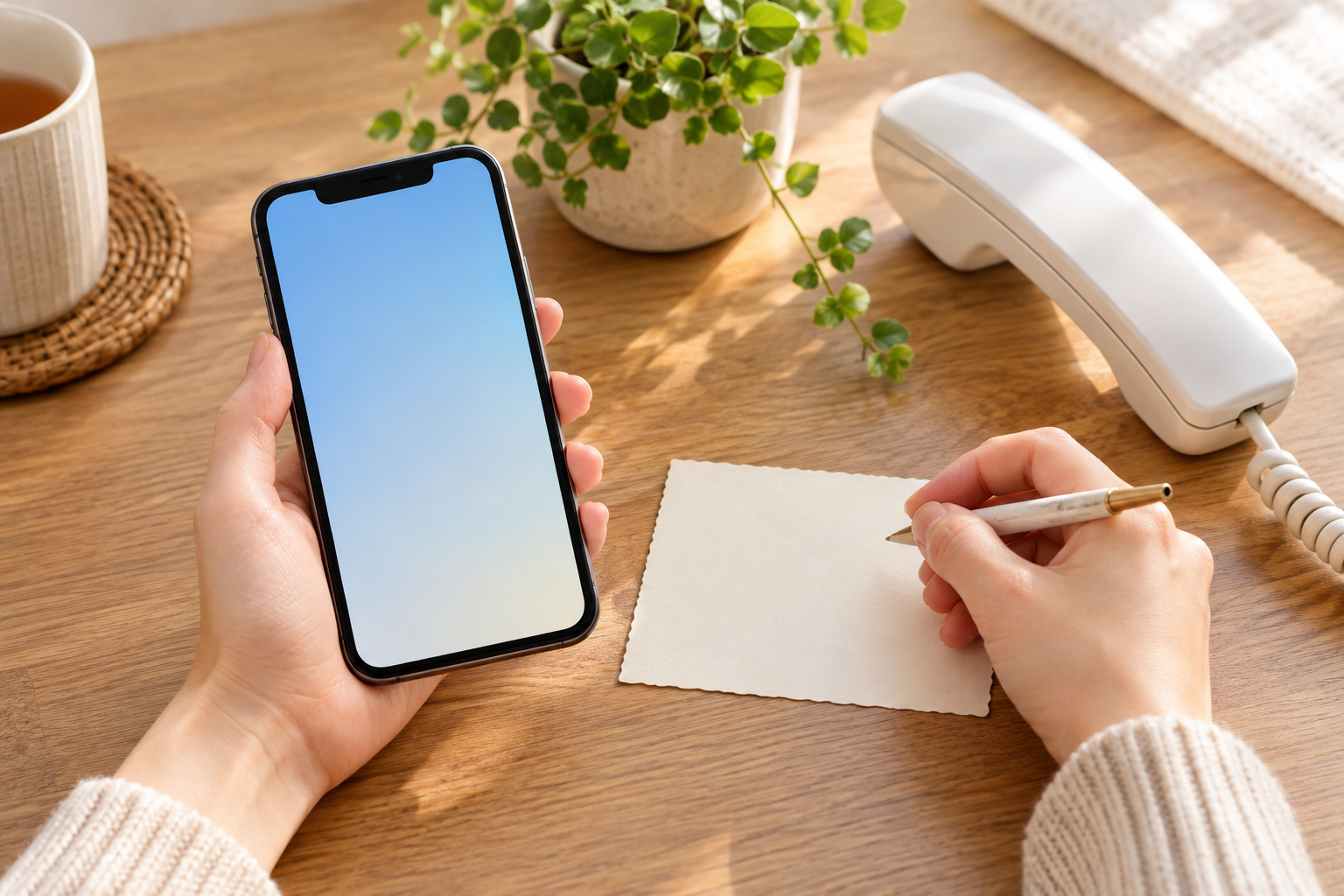スマートフォンとメモを使って検診の予約先を確認する手元