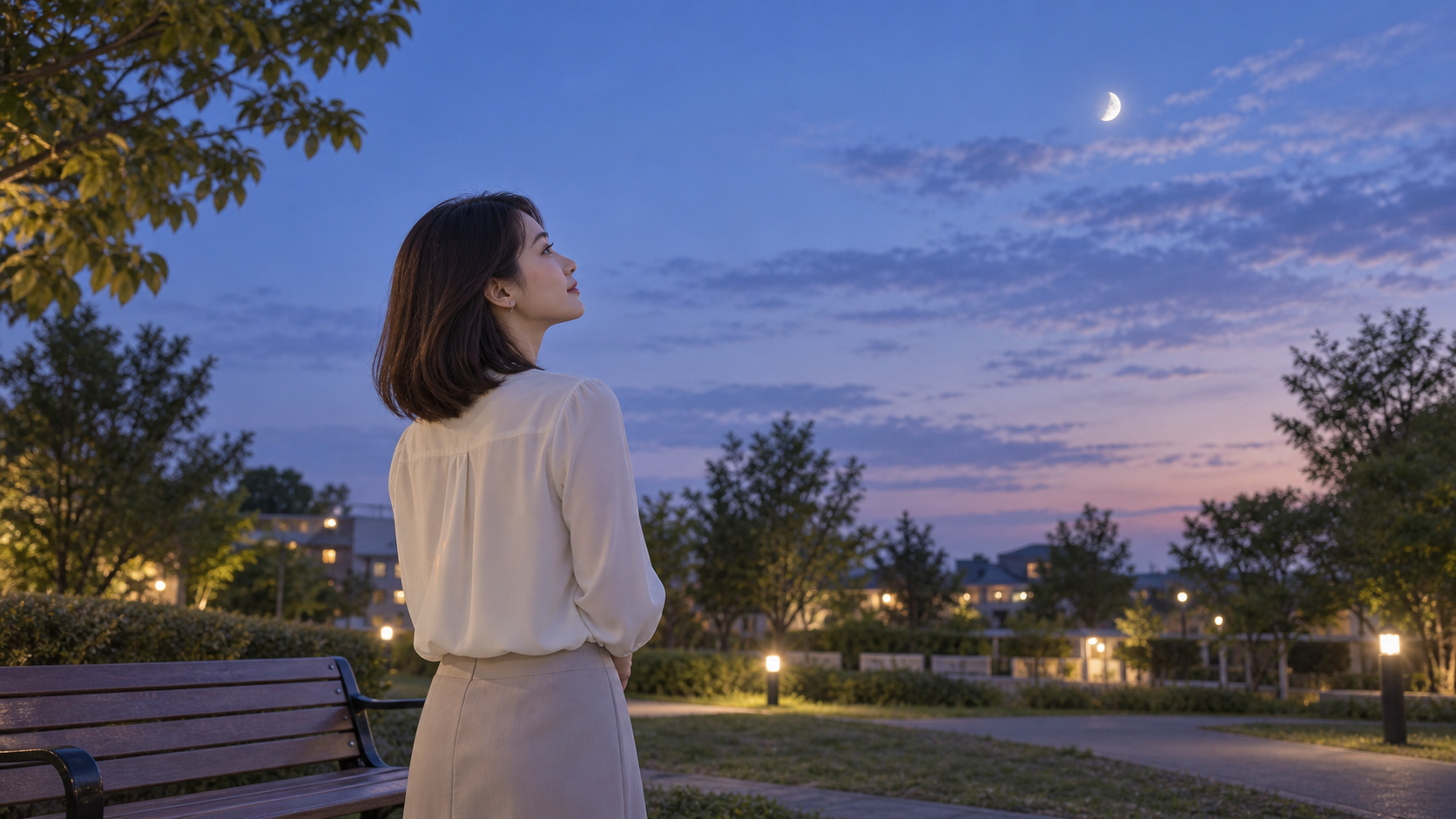 夕暮れの空と月を見上げて立ち止まる女性