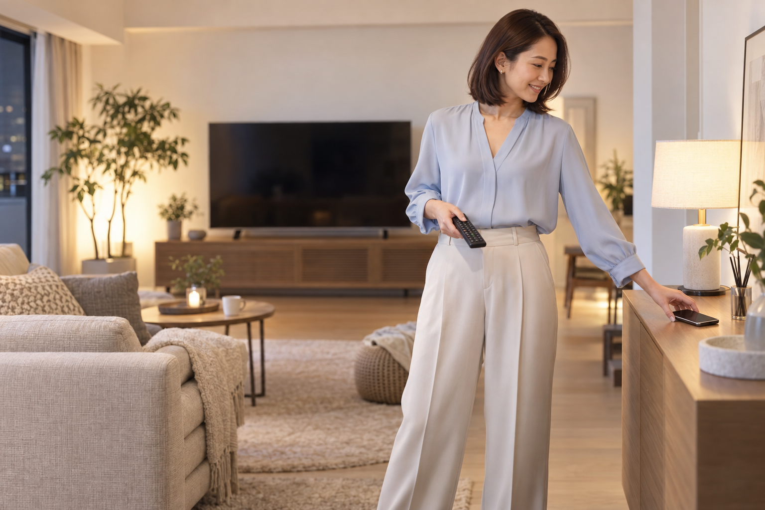 スマートフォンを伏せて映画を見る準備をする女性