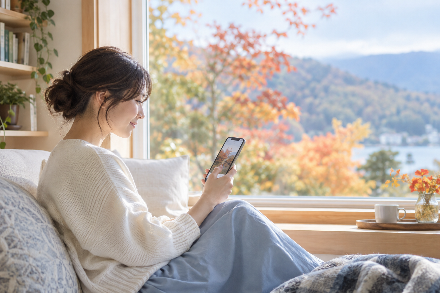 季節の写真を添えた家族へのメッセージ画面を見る女性