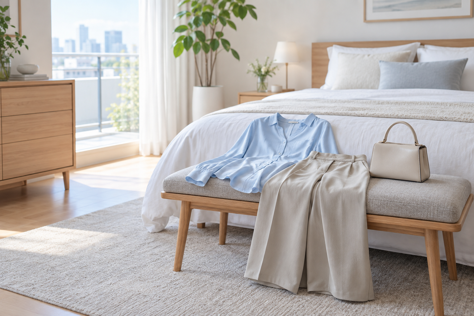 ベッド脇に翌日の服を一組だけ整えて置いた明るい寝室