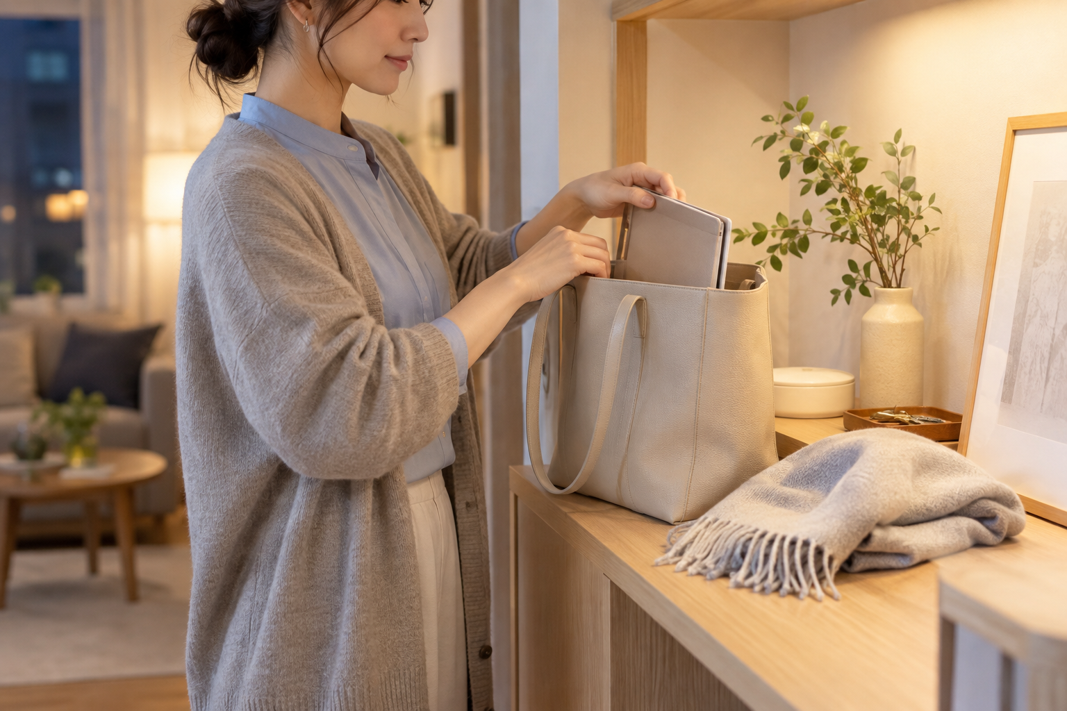 翌日のバッグを整える淡いブルーのブラウスの女性