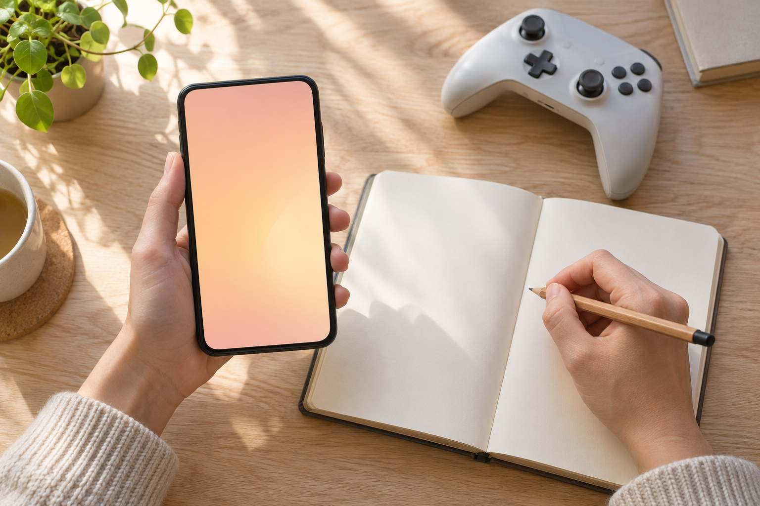 スマートフォンとノートを使い印象に残ったことをメモする手元