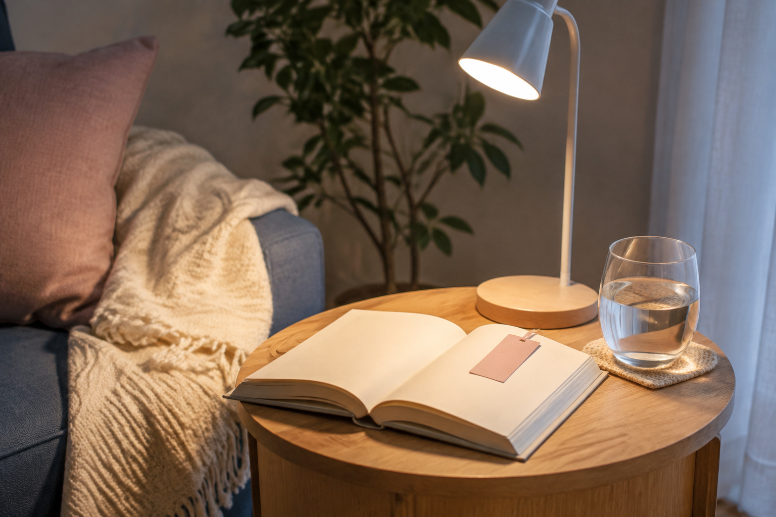 灯りのそばに開いた本と栞を置いた夜の読書コーナー