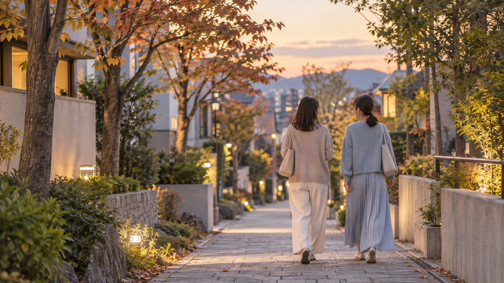 明るい夜道をゆったり歩く友人同士の後ろ姿