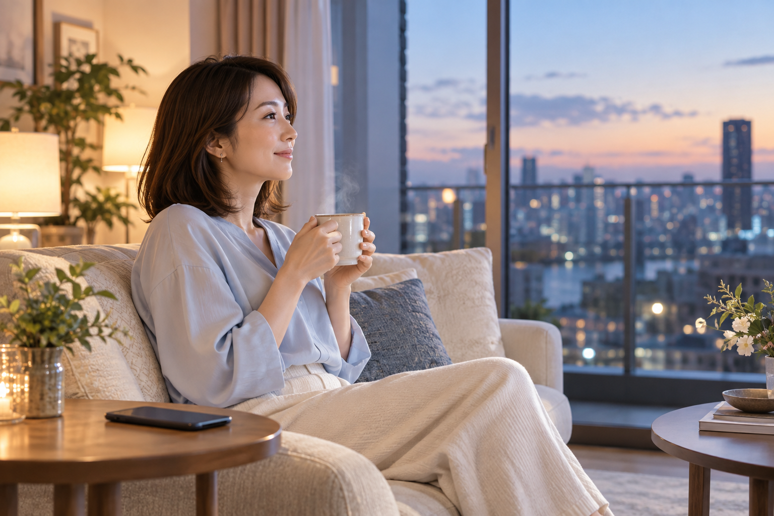 窓辺でスマートフォンを置き温かい飲み物を楽しむ女性