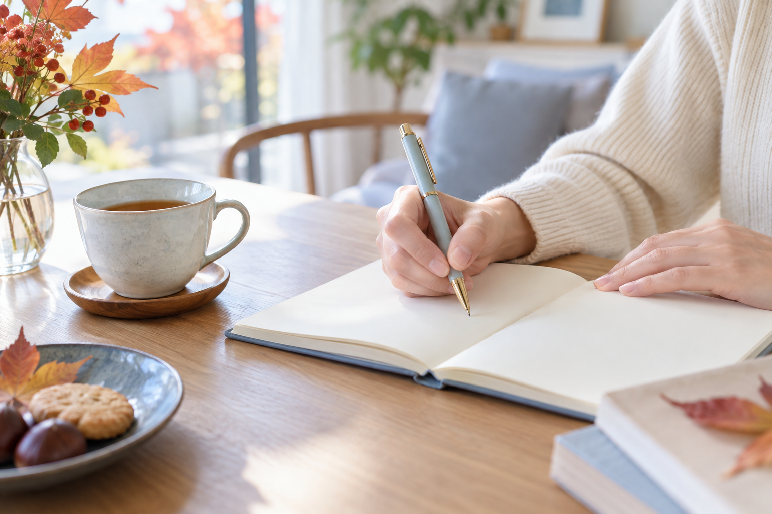 秋の午後に会話のメモを一行書くノートとペン