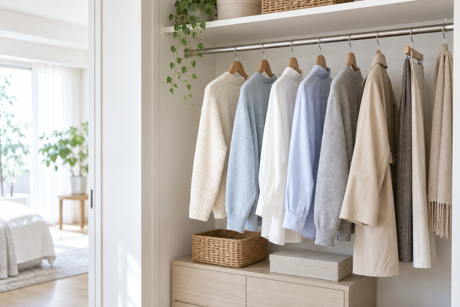 整ったクローゼットと秋らしい淡色の服が並ぶ明るい室内
