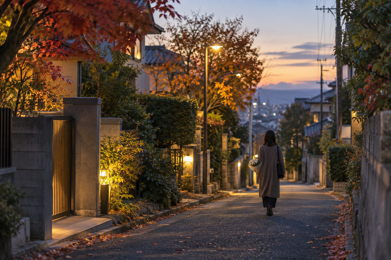 夕方の静かな住宅街を白い花を持って歩く人物の遠景