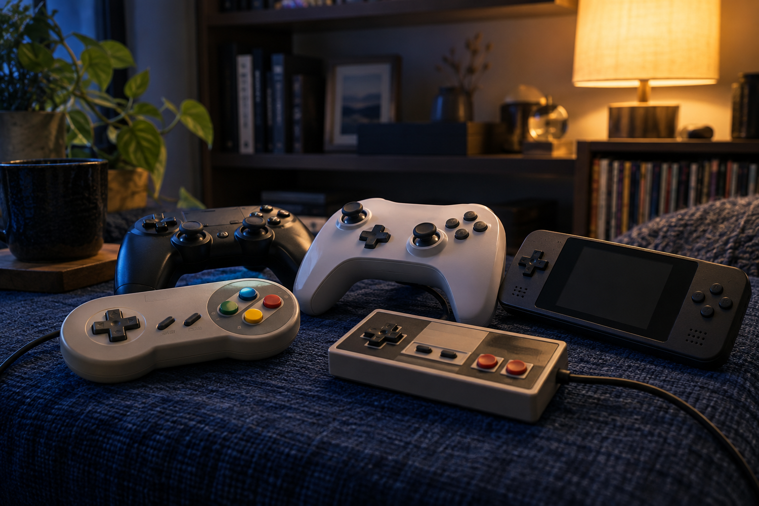 異なる形のゲームコントローラーを並べてゲーム文化の変化を感じる場面