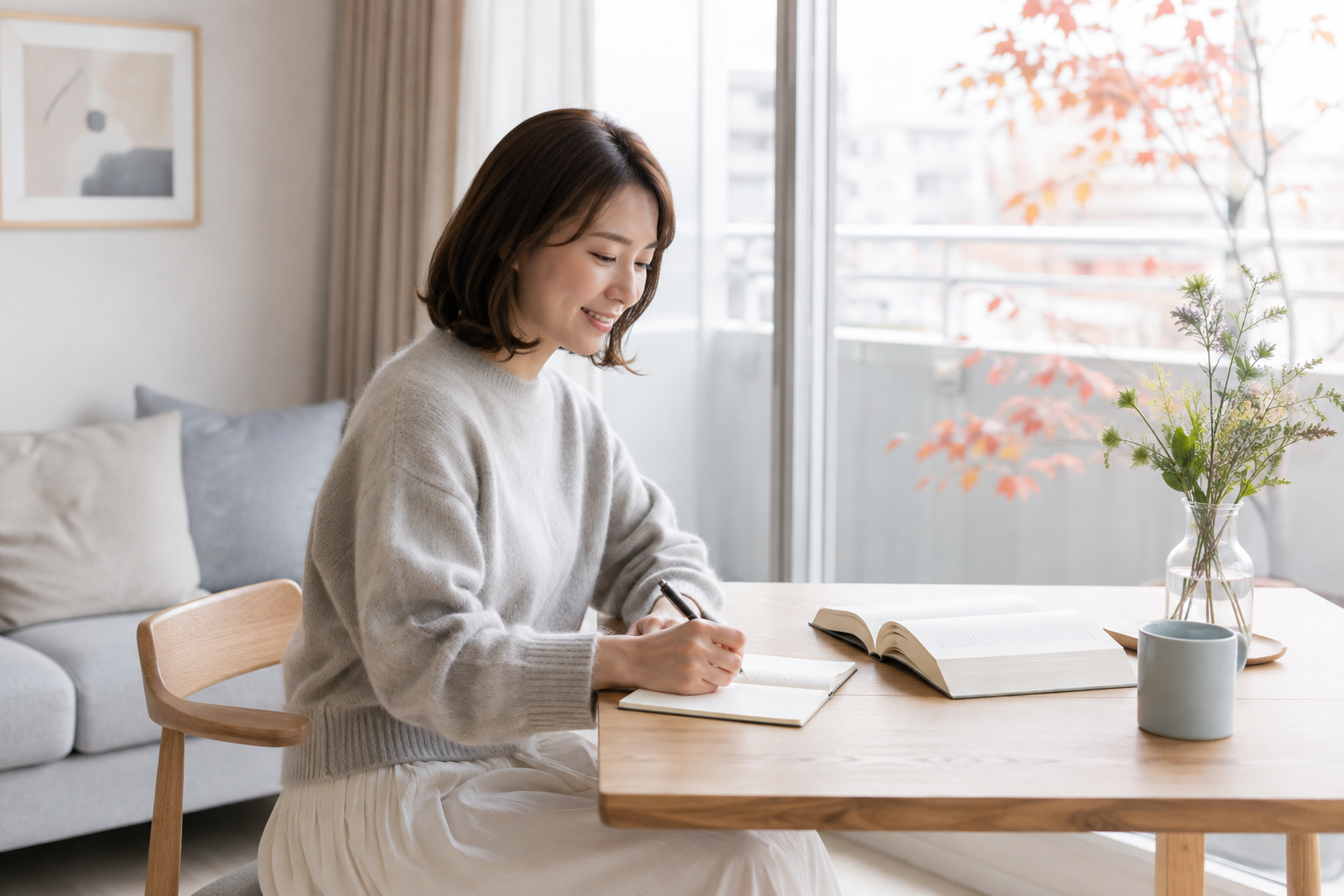 窓辺のテーブルで本を読みながら短いメモを書く女性