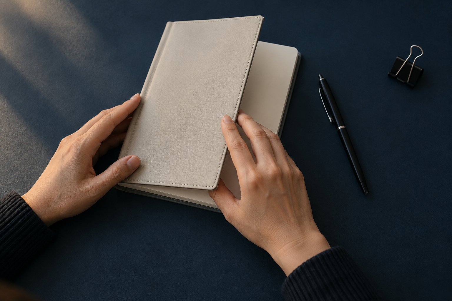 無地の手帳を閉じ、次の予定を書き込む準備を終えた手元