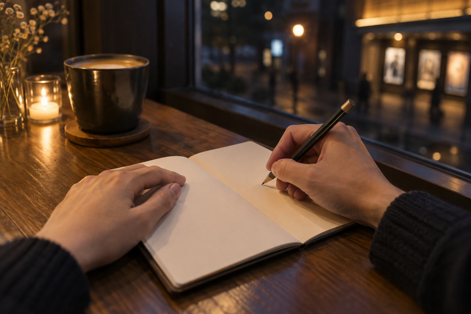 映画を観終えたあとに印象をノートへ書き留める手元