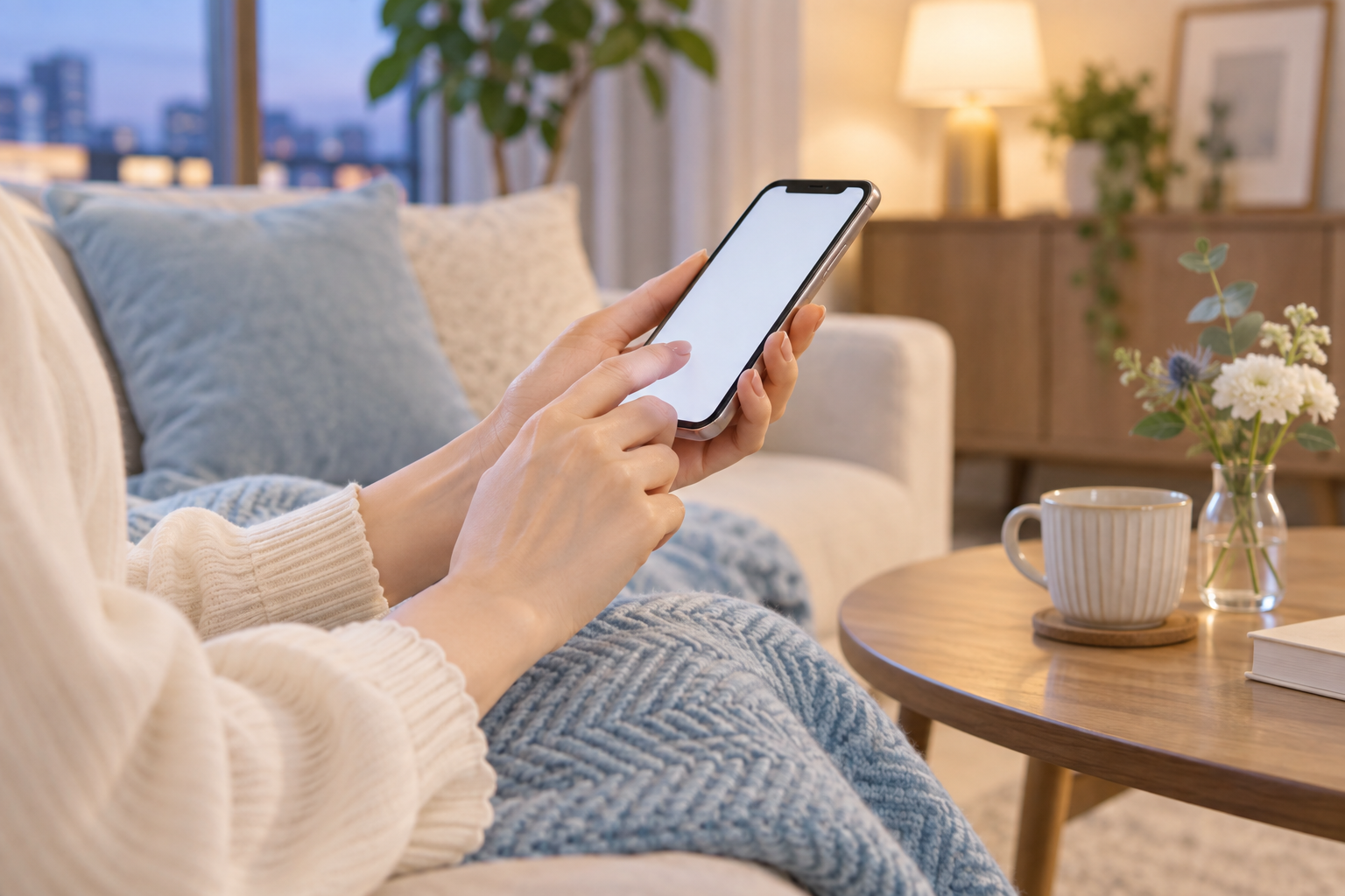 帰宅後に友人へ短いメッセージを送るスマートフォンの手元