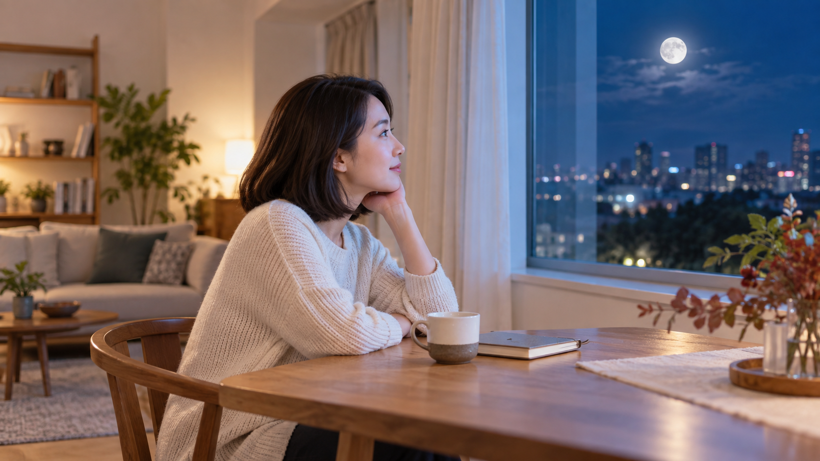 窓辺で温かい飲み物と手帳を置き夜空を眺める女性