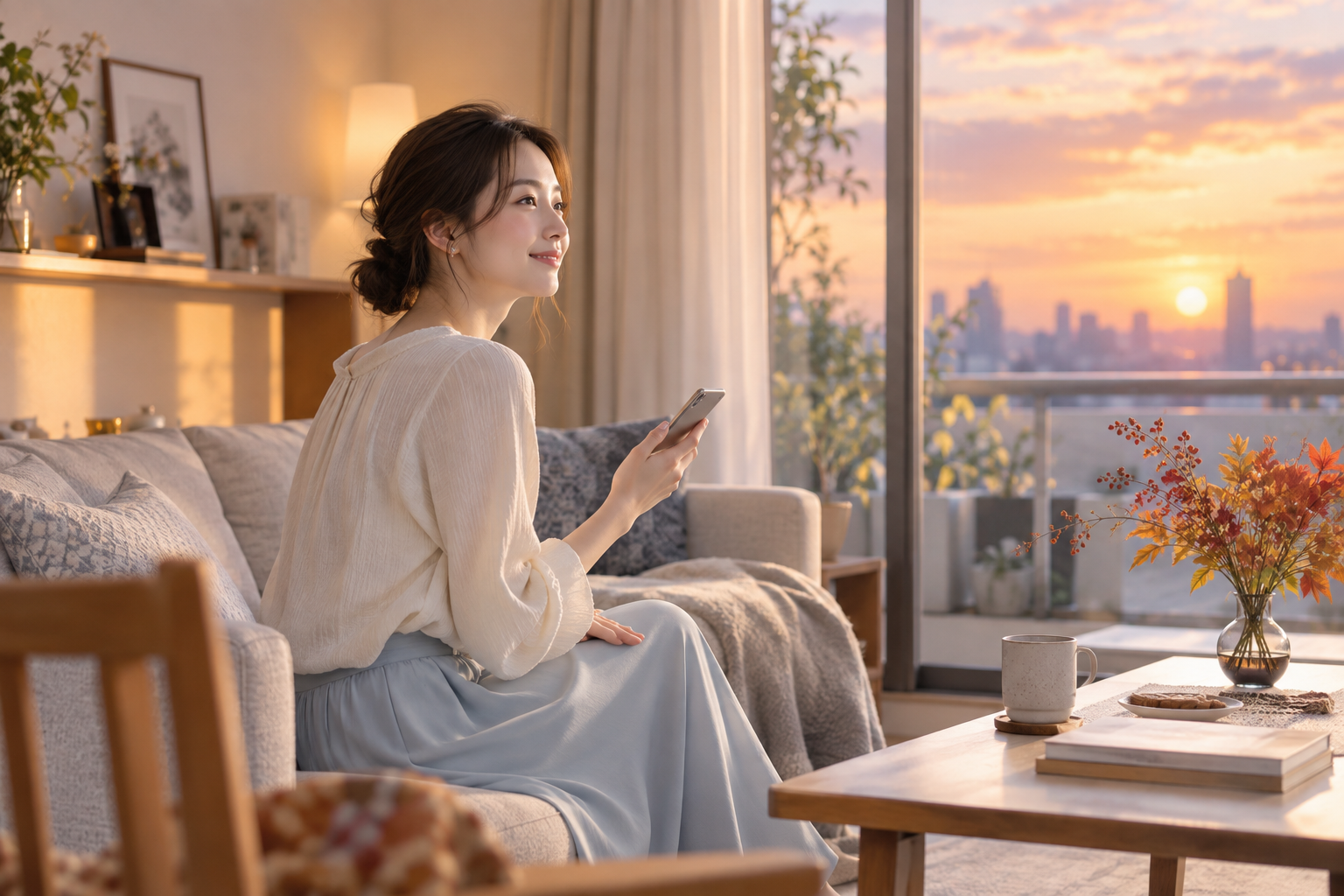 やわらかな夕方の窓辺で家族との電話を終えた女性