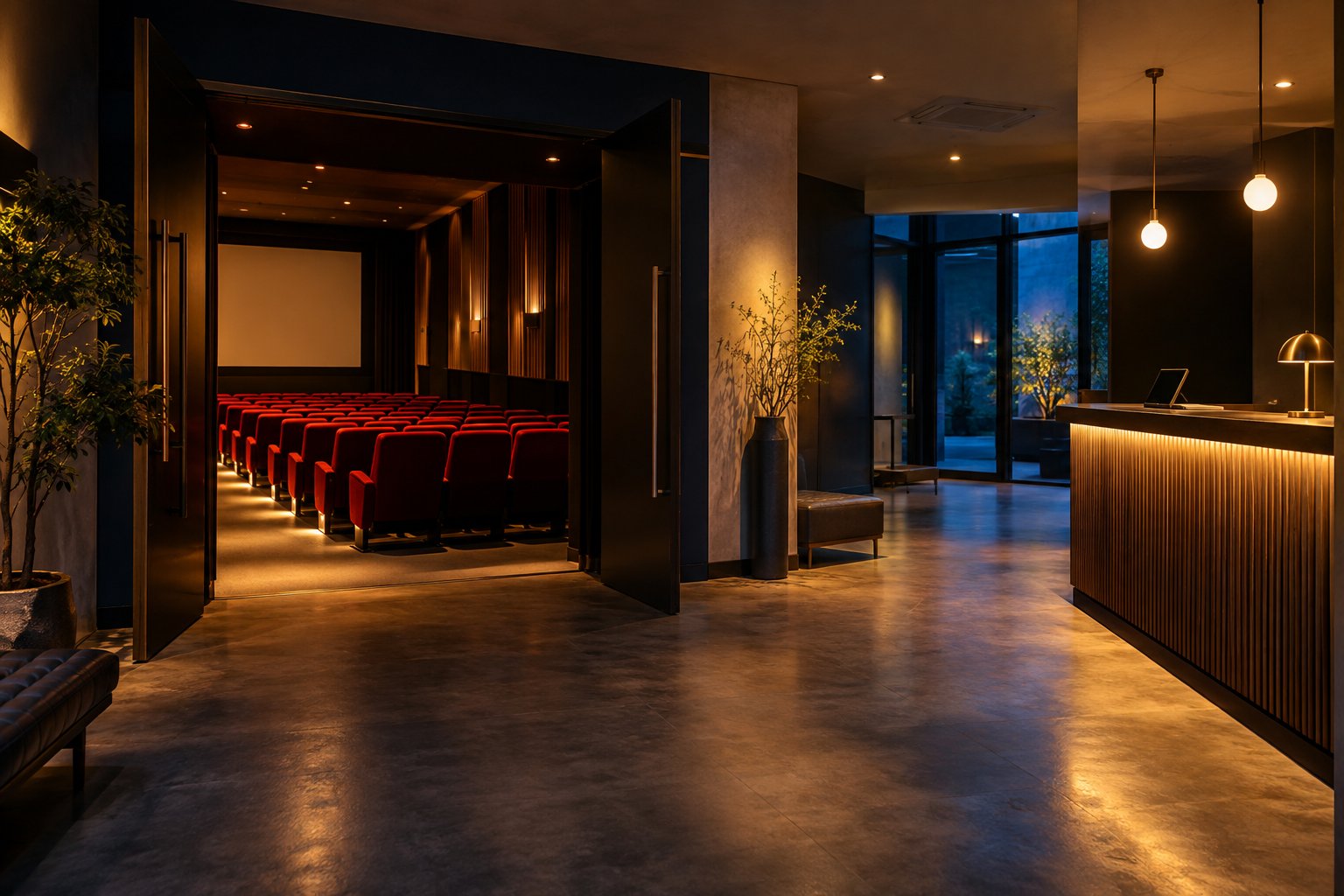 夜の映画館ロビーに並ぶ空席の赤い椅子と上映案内板
