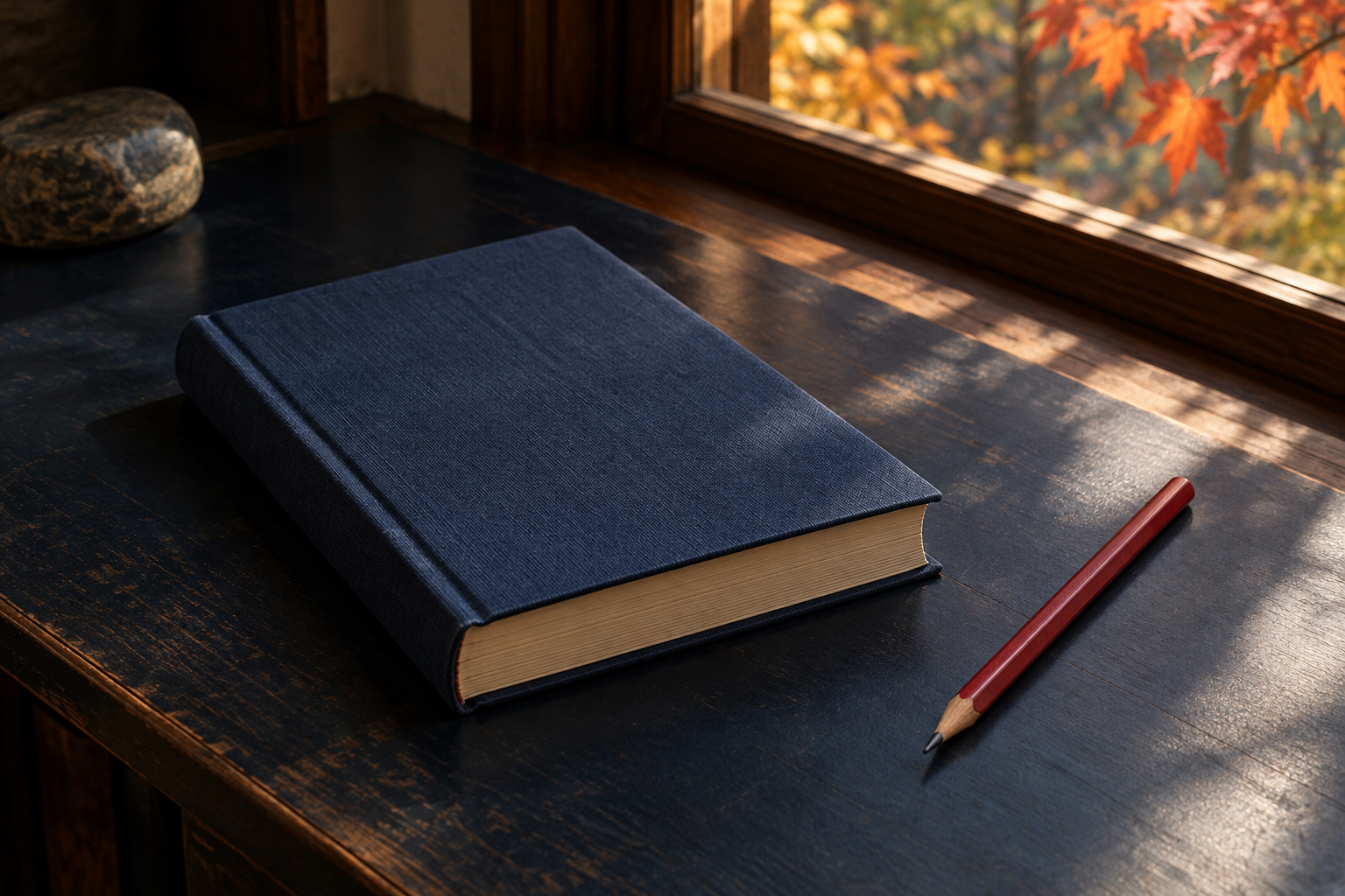深い青の読書机に置かれた無地の本と赤い鉛筆、窓から差す秋の光