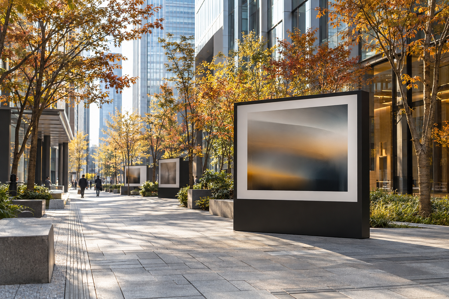 秋の午後の京橋らしい石畳の歩道に面した、無地の大判写真がある屋外展示風景