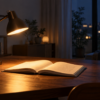 夜の木製デスクで無地の読書灯が開いた本の手元を照らしている