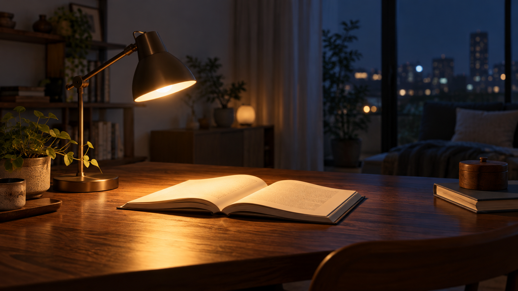 夜の木製デスクで無地の読書灯が開いた本の手元を照らしている