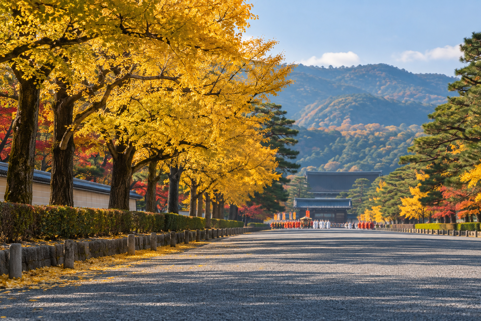 秋の京都御所近くの並木道を、人物なしで遠くまで続く祭りの行列を待つ景色