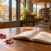 秋の図書館の大きな窓辺で、木の机に一冊だけ開いた無地の本と赤茶色の落ち葉がある静かな読書の場面