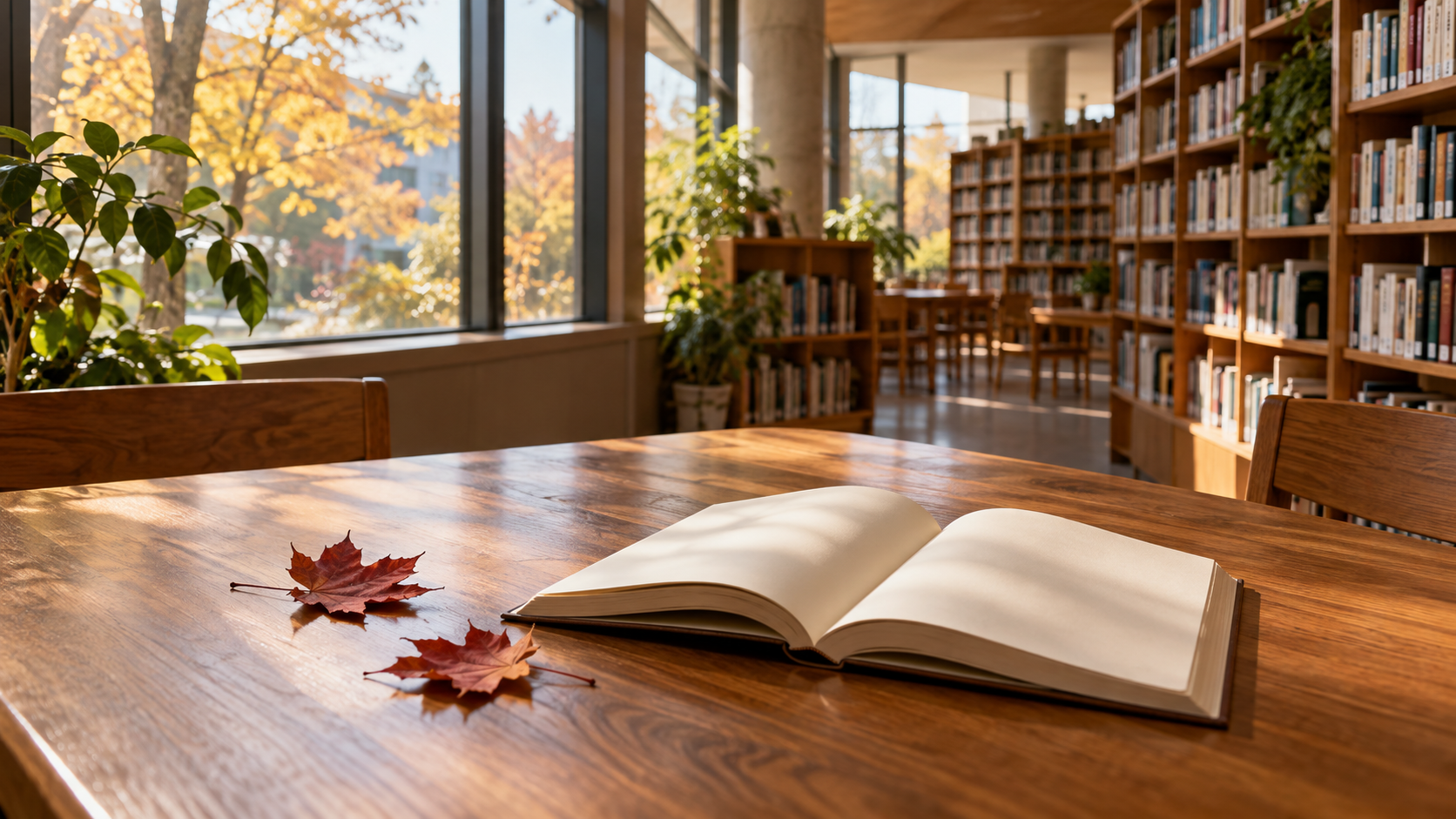 秋の図書館の大きな窓辺で、木の机に一冊だけ開いた無地の本と赤茶色の落ち葉がある静かな読書の場面