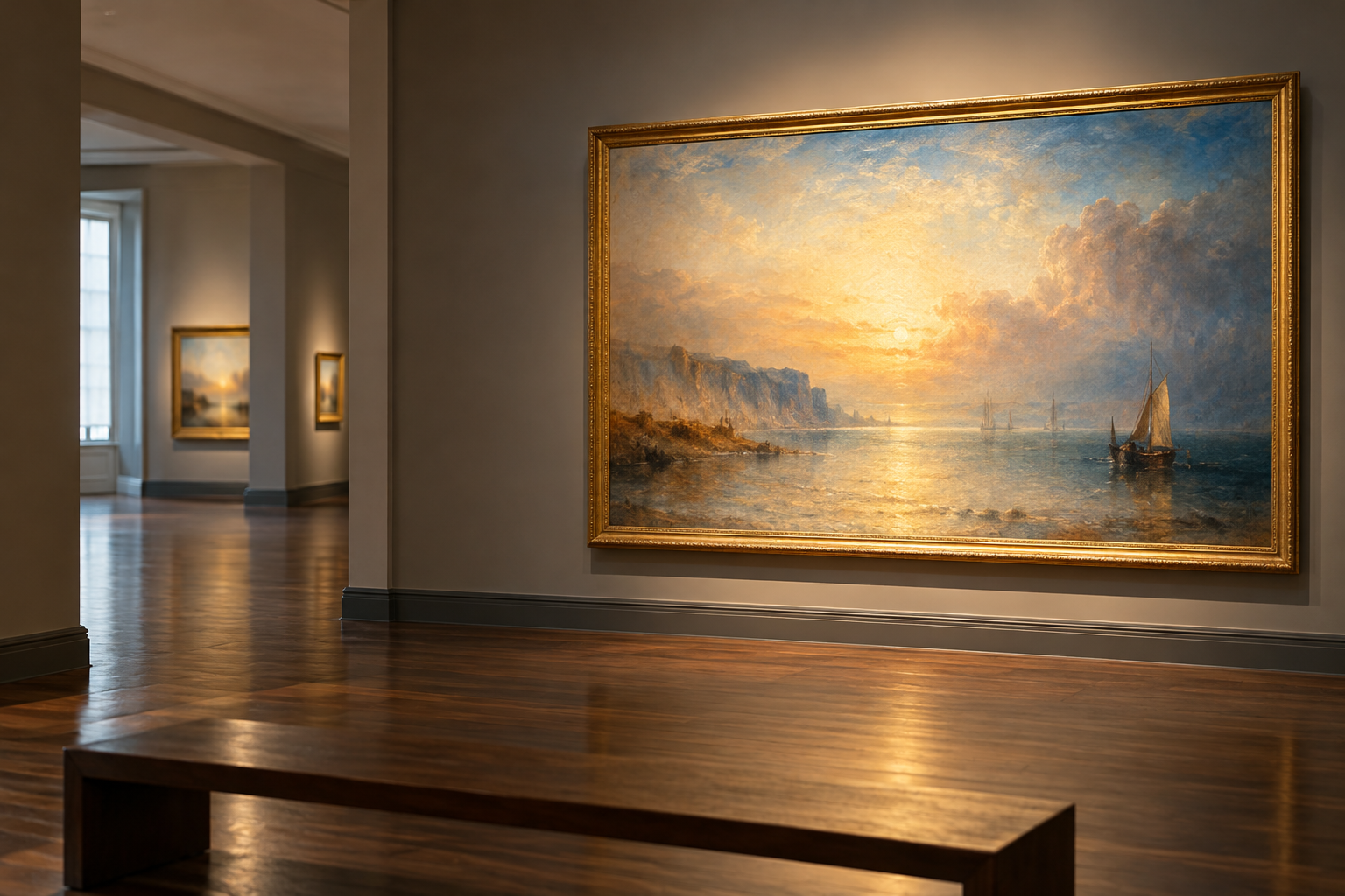 深いグレーの美術館展示室で、木の床とベンチの向こうに金色の光を帯びた架空の海景画が掛かっている