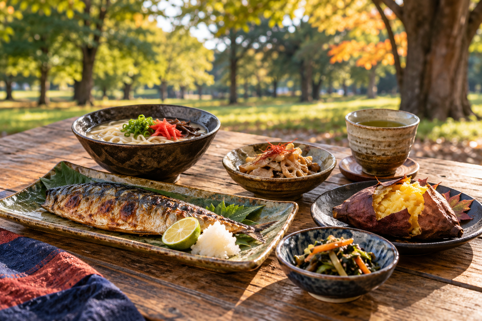 秋の代々木公園で、九州の食をイメージした小皿料理と木のテーブルを上から見た風景
