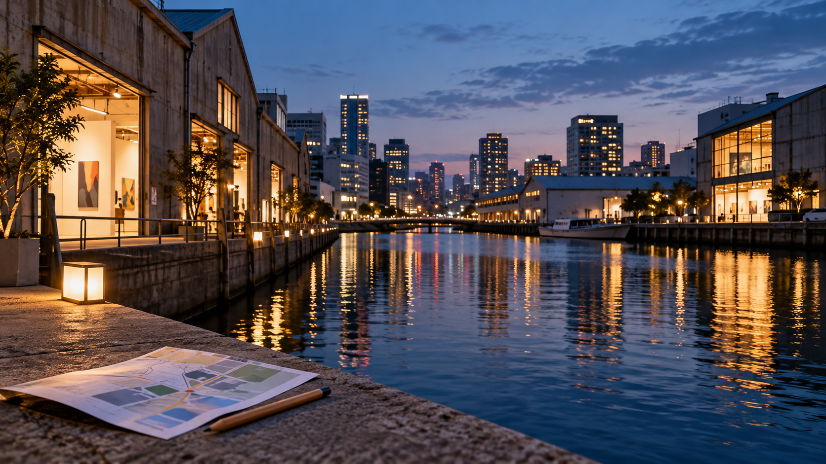 夕暮れの天王洲運河をイメージした、水面の灯りと倉庫風の建物、手前の無地の地図
