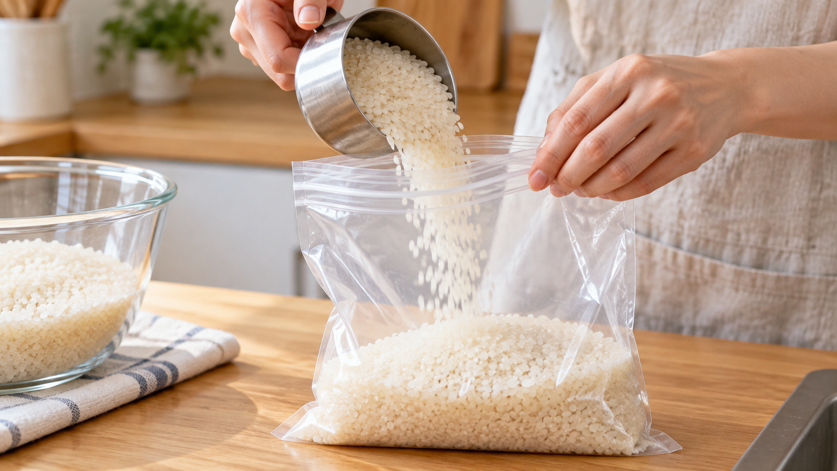 炊飯前の白米を透明で無地の保存袋へ少量ずつ移している手元