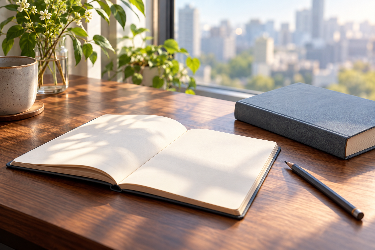 窓辺の木の机に開かれた無地のノートと法律書風の背表紙の本、朝の自然光