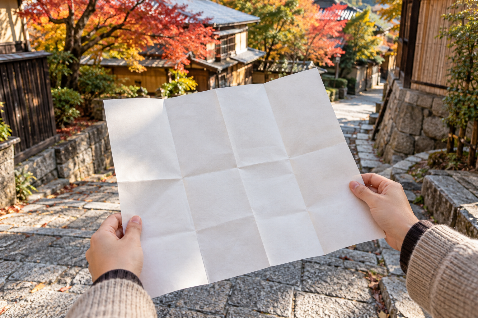 京都の街角で無地の地図を開き、行列コースを確認する手元