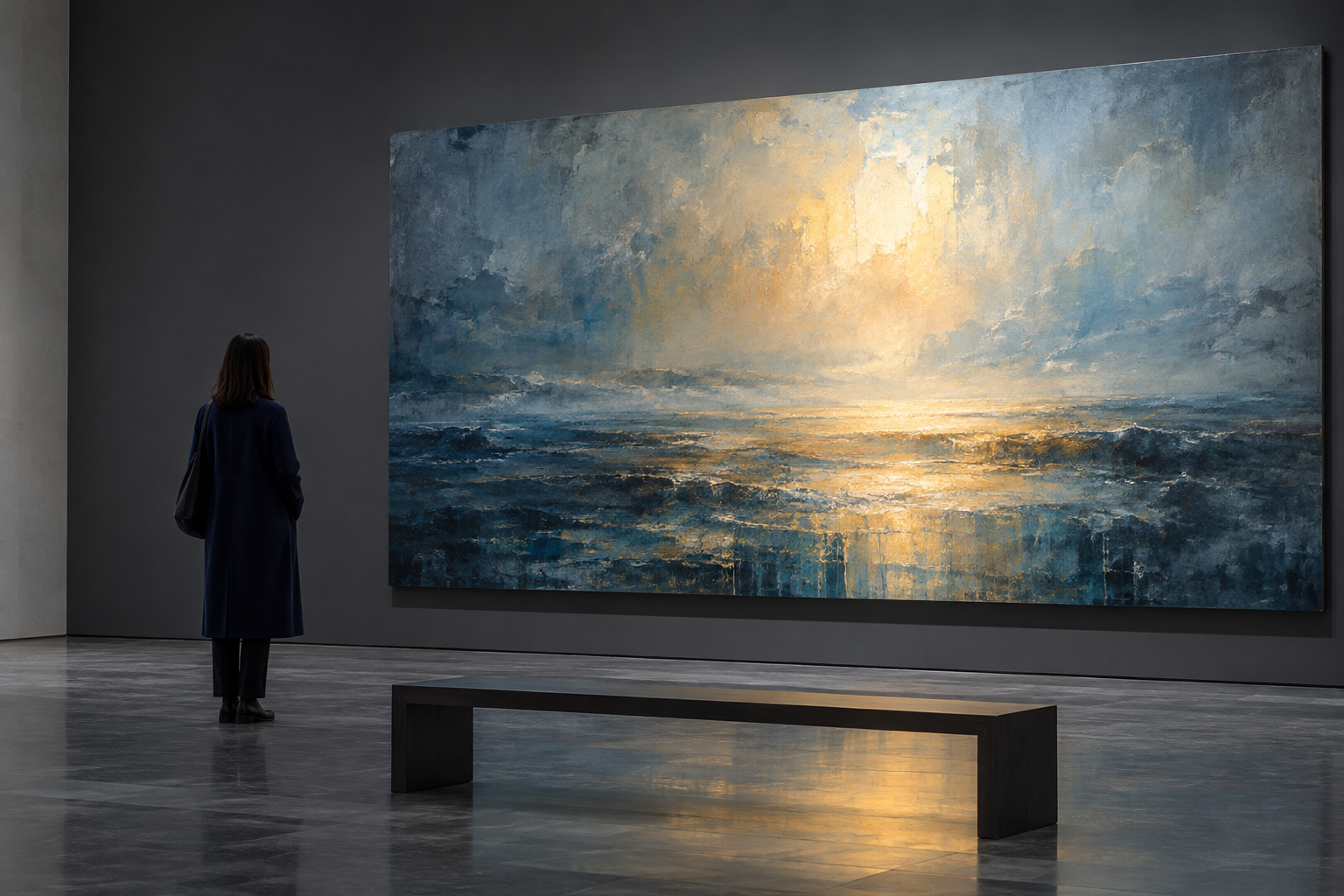 濃紺のコートを着た人物が、グレーの展示室で青と金色の架空の海景画を後ろ姿で見ている