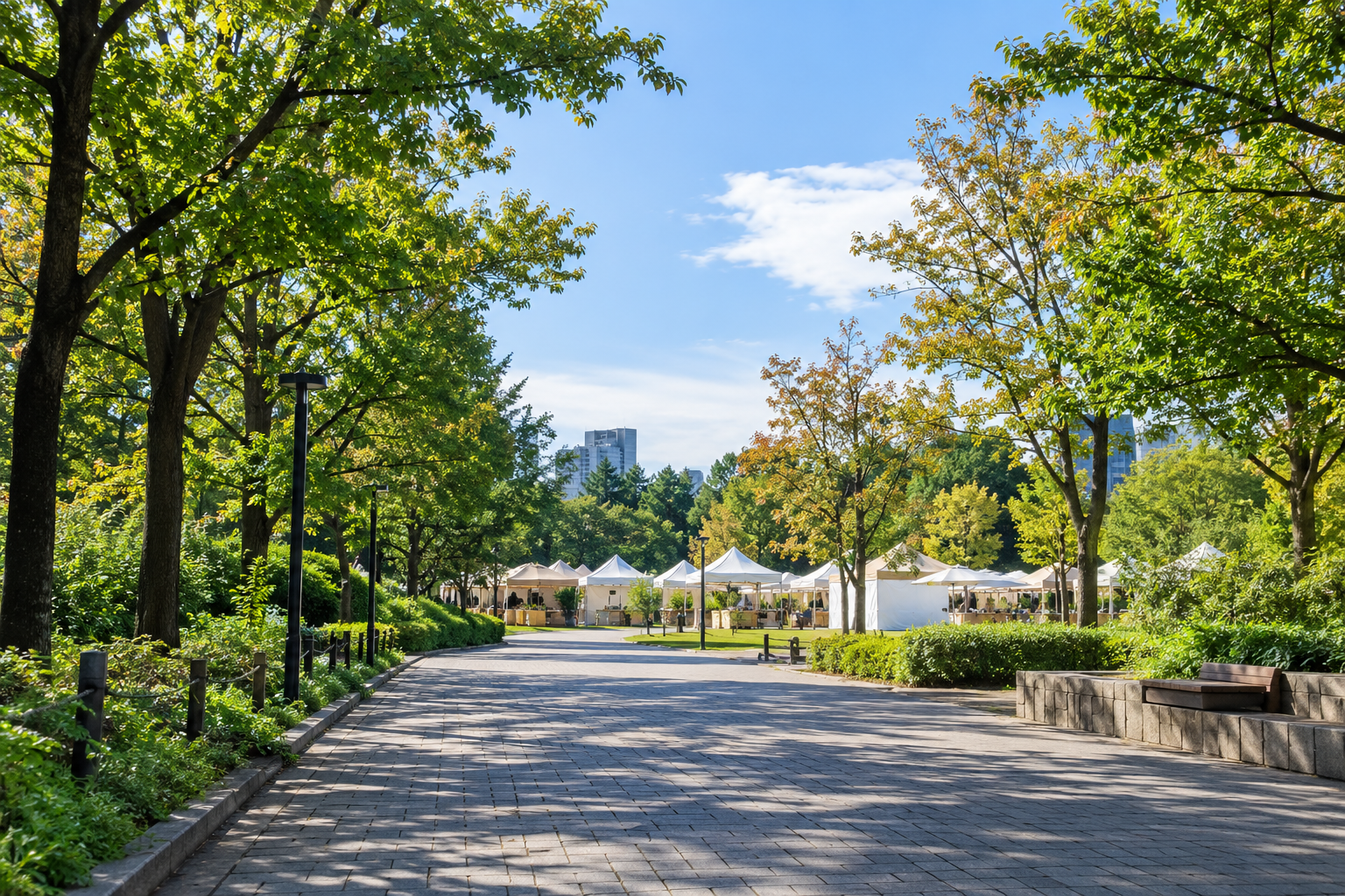 秋の屋外イベント会場へ向かう公園の歩道と木々