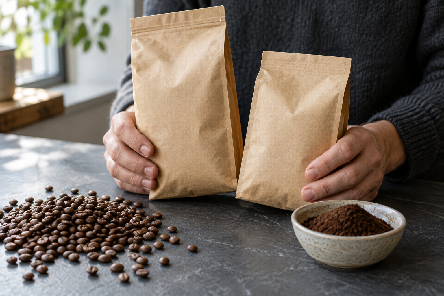 無地のコーヒー袋を手に取り、豆と粉の形を見比べる手元