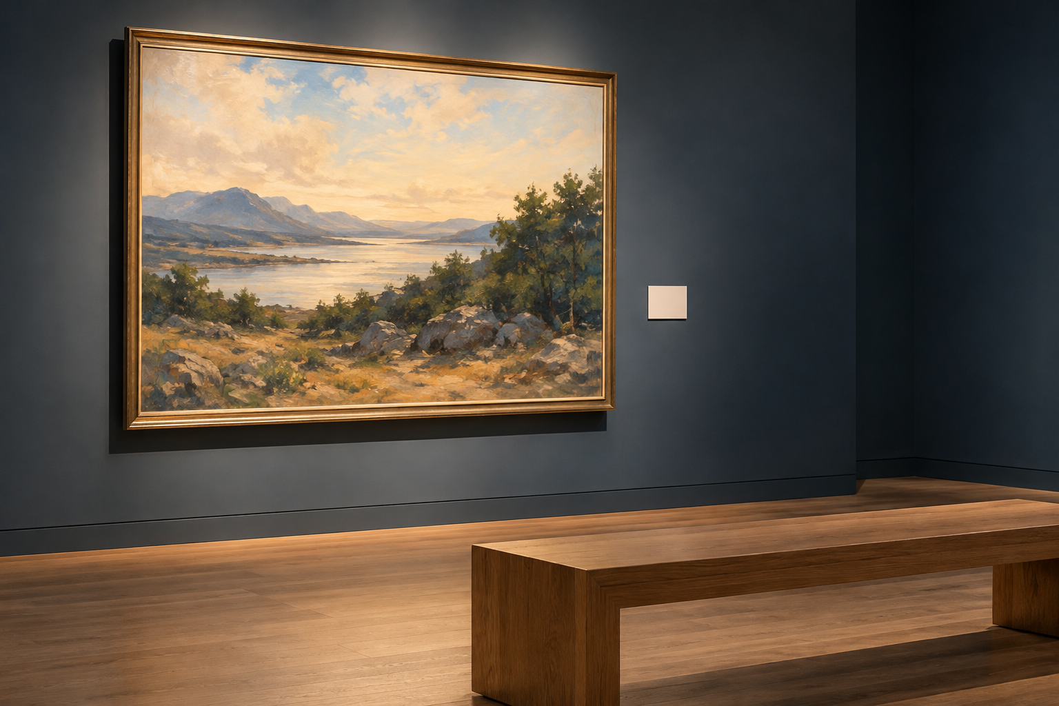 絵画の前の無地の解説パネルと木製ベンチ、斜めから差す光