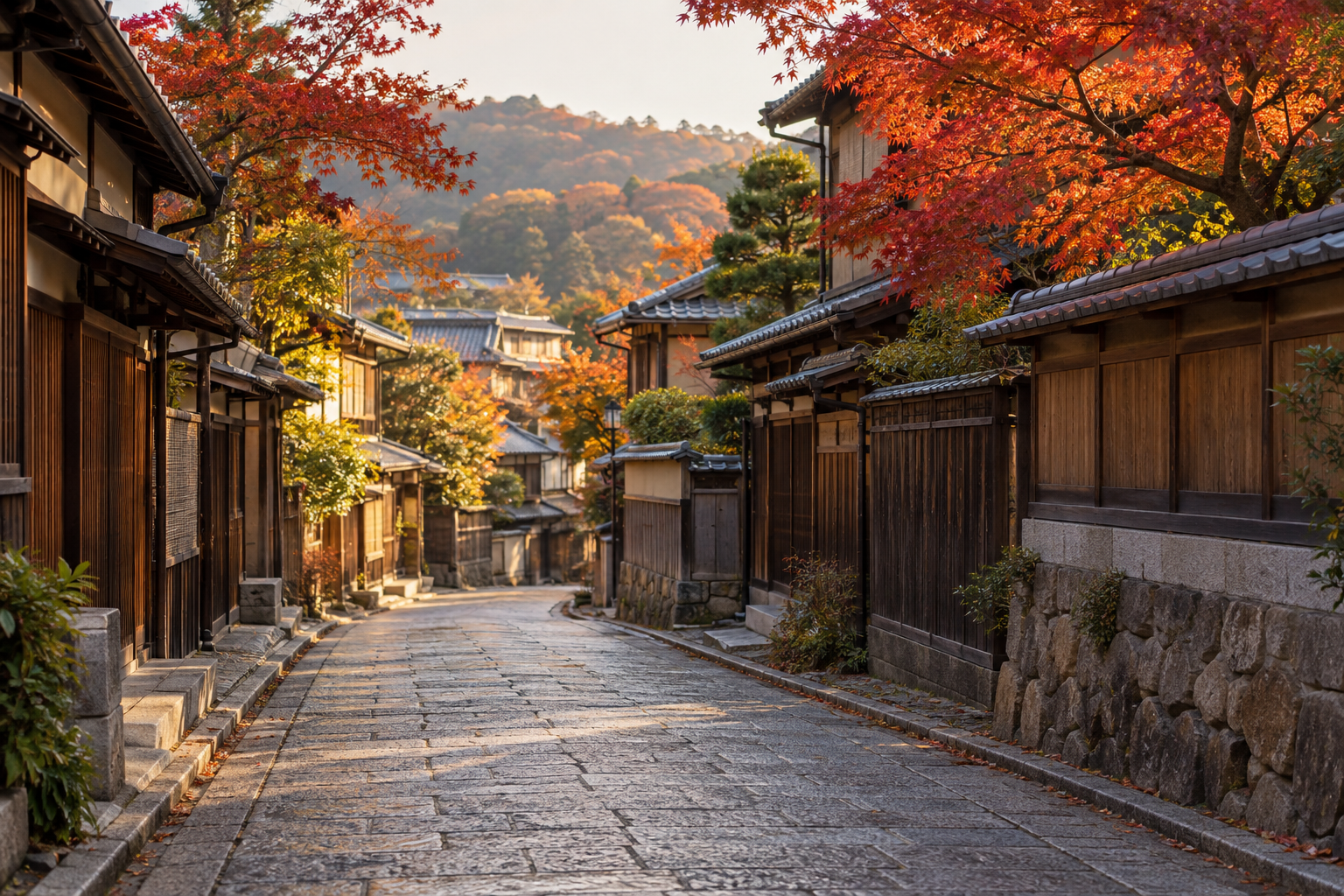 秋の京都の歩道と石畳、遠くに見える歴史的な街並み