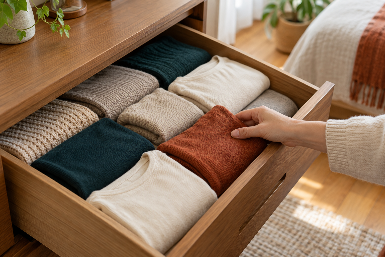 引き出しの中で薄手の服と長袖をゆるく入れ替える手元、無地の衣類