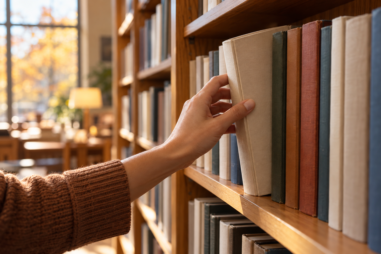 図書館の木製書架で、一冊の背表紙にそっと手を伸ばす人物の手元